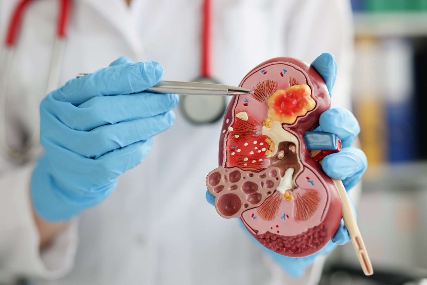 Urologist Pointing Pen Kidney Structure on Anatomical Model